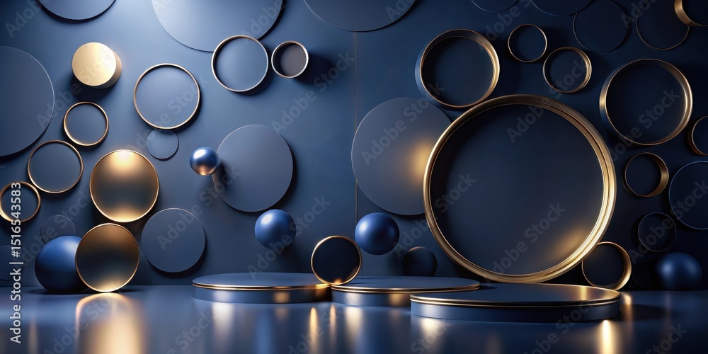 Aufkleber abstract display dark blue and gold geometric shapes with cylindrical platforms