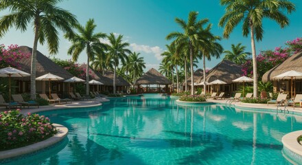 Lush tropical resort with thatched bungalows surrounding a turquoise pool, offering idyllic relaxation