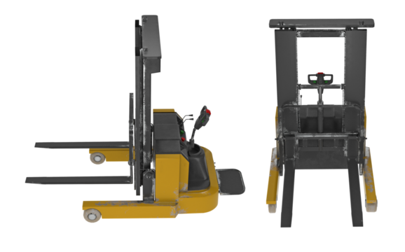 Industrial forklift trucks in yellow and black colors. Electric pallet jacks for warehouse material handling. 3d rendering