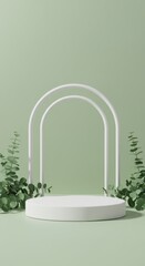 Minimalist podium 3d render a white stand with arches and eucalyptus on sage green backdrop