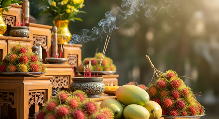 Fototapeta premium Incense Smoke Rises Over a Fruit Offering at a Wooden Shrine