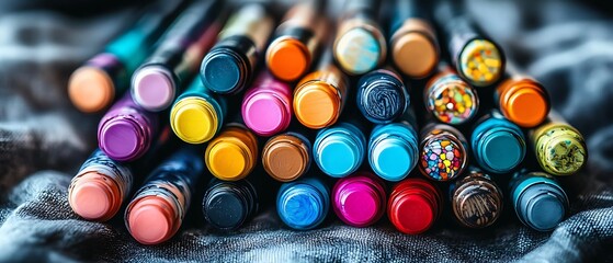 palette of assorted colorful markers resting on textured linen surface with visible fabric weave contrasting smooth marker barrels
