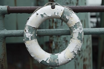 Close up of a weathered lifebuoy with peeling paint, hanging on a rusty railing, evoking themes of maritime safety, decay, and the passage of time