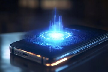 Futuristic smartphone emits a glowing stream of microchip data, symbolizing advanced technology and innovation