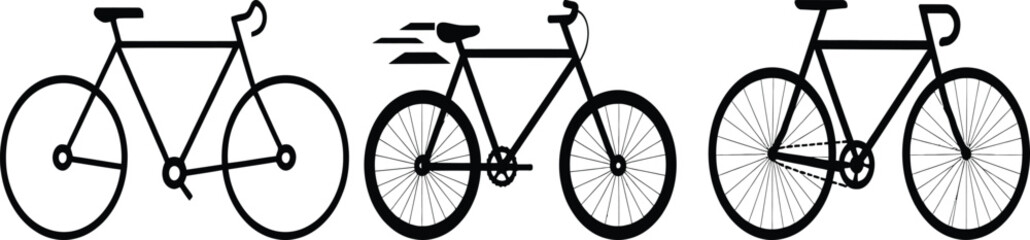 Obraz premium Simple Black Bicycle Icons Set Minimalist Road Bike Design Graphic Illustrations Vector Art Bicycle Silhouette Collection Sporty Cycle Images Stylish Bike Pictures Perfect for Websites Blogs and 