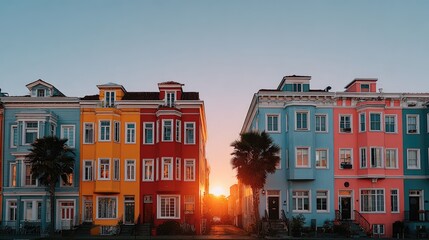 Obraz premium A symmetrical row of low-rise buildings with flat roofs and warm sunlight under a pristine sky