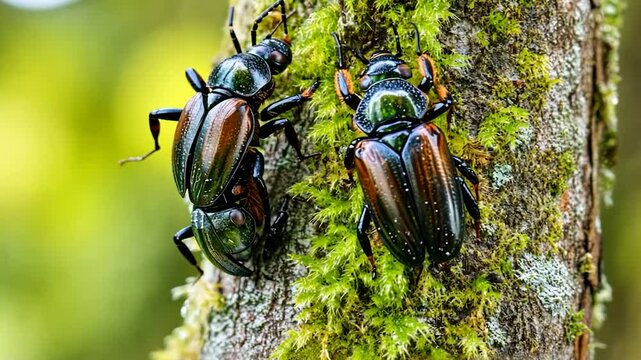 Two beetles on mossy tree trunk