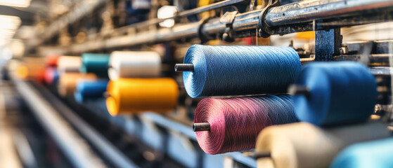 Colorful threads woven on a loom in a textile factory showcasing