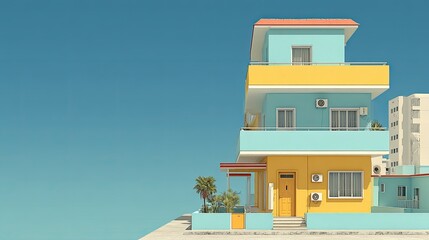 Obraz premium Minimalist low-rise apartment structure against a vast, pale blue sky with no visual clutter