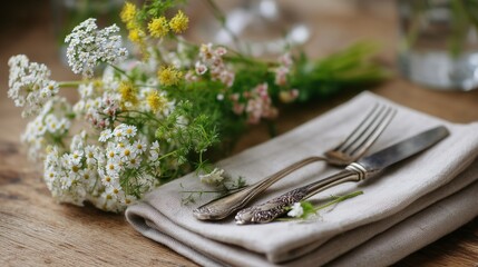 Elegant table setting with vintage cutlery and fresh wildflowers during a rustic gathering