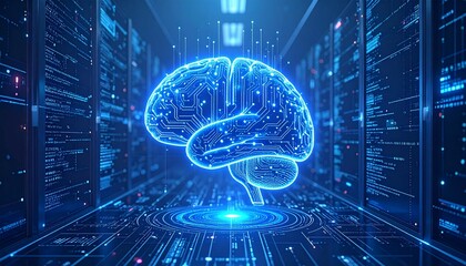 Futuristic AI Interface: Glowing Neural Brain in a High-Tech Digital Lab