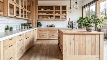 A light-filled kitchen with wood cabinetry and a large island.