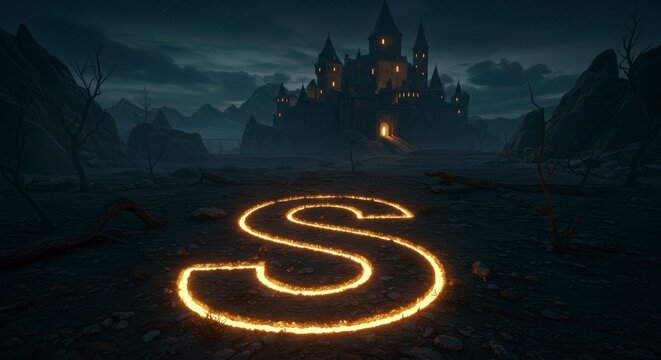 Fiery symbol illuminates path to ominous castle in desolate landscape
