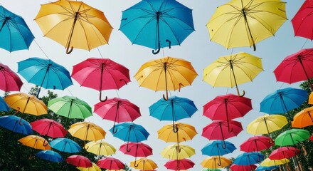 Colorful umbrellas suspended overhead, creating a vibrant, cheerful canopy