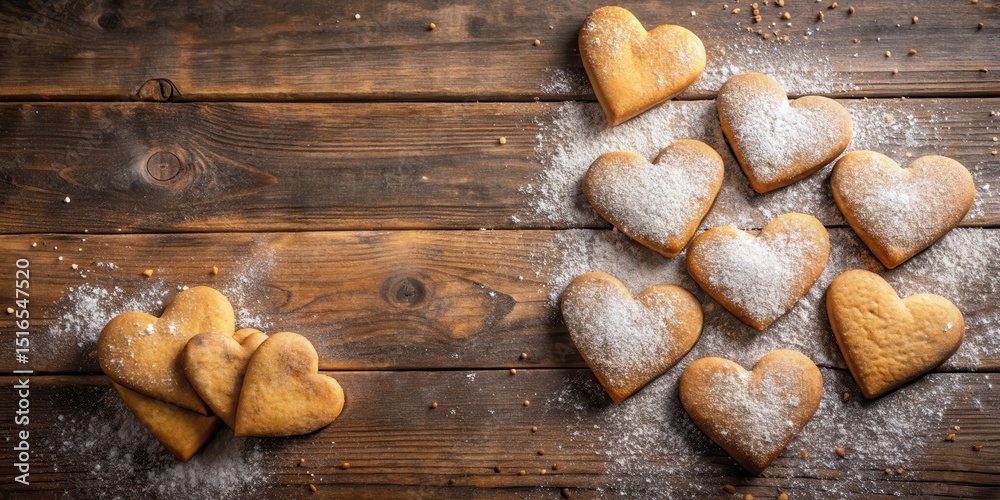 Poster aromatic heart-shaped cookies dusted with powdered sugar on rustic wooden surface