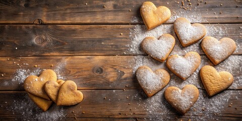Aromatic Heart-Shaped Cookies Dusted with Powdered Sugar on Rustic Wooden Surface