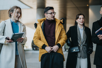 A group of young professionals warmly engaged in a conversation, wearing stylish and seasonal...