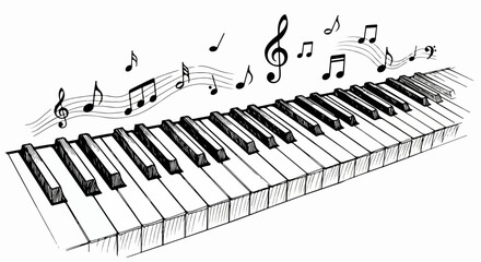 Expressive black and white sketch of angled piano keys with hand-drawn musical notes and a treble clef floating above, rendered with varied line weights and hatching for depth and texture. © Purnomo