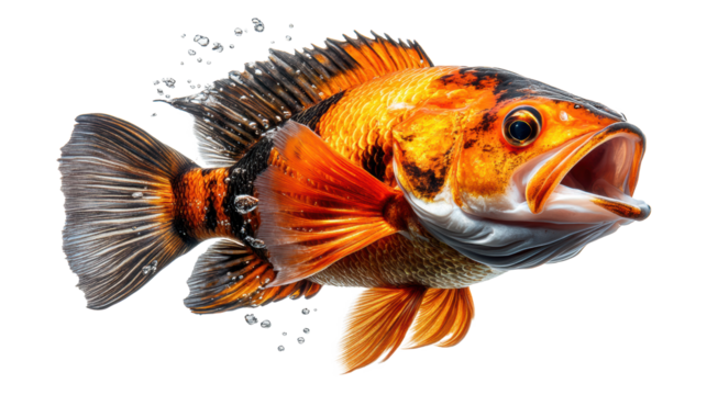 Vibrant Fish Swimming with Bubbles on Transparent