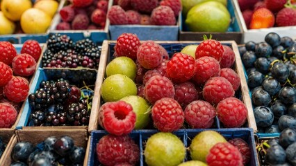 Vibrant Berry Market Display: A Colorful and Rustic Still Life