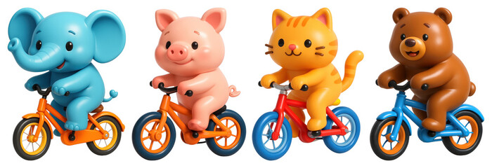 Obraz premium PNG Cute animals riding bicycles, element set on transparent background