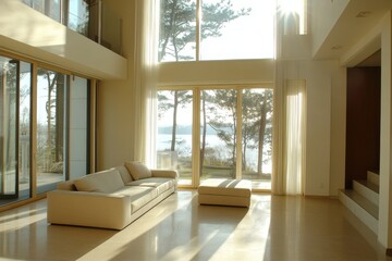 Modern Minimalist Living Room Design Sunlight Interior Architecture Home Sofa View Lake Calm House  