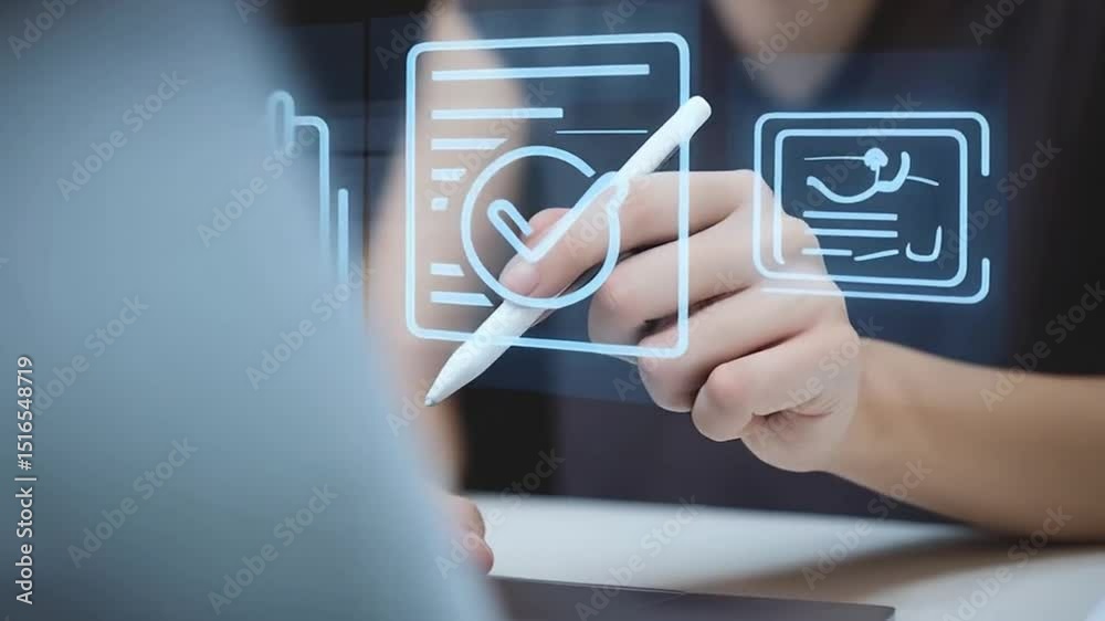 Poster Person using digital pen with calendar and checklist icons floating above a laptop screen view