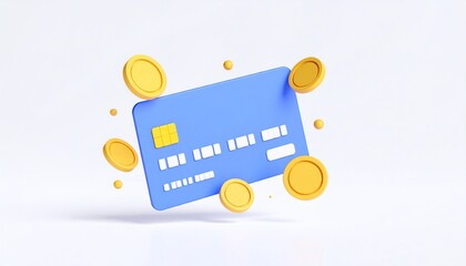Credit card surrounded by coins on an isolated background representing online payments and financial transactions concept