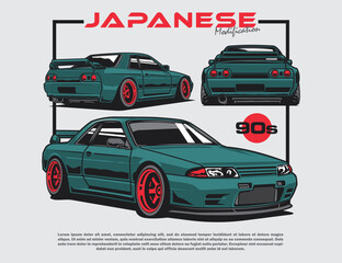 Japanese 90s car modification set in green coloring and background vector illustration