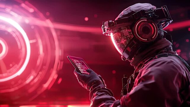 Futuristic astronaut in advanced suit and helmet using digital tablet, surrounded by glowing red neon holographic interface, exploring sci fi technology and innovation in focused, intense atmosphere