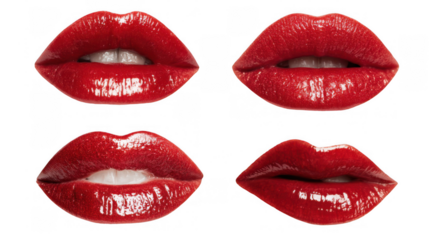 Four poses of glossy red lips showing different expressions are isolated on a transparent background, perfect for beauty and cosmetics projects