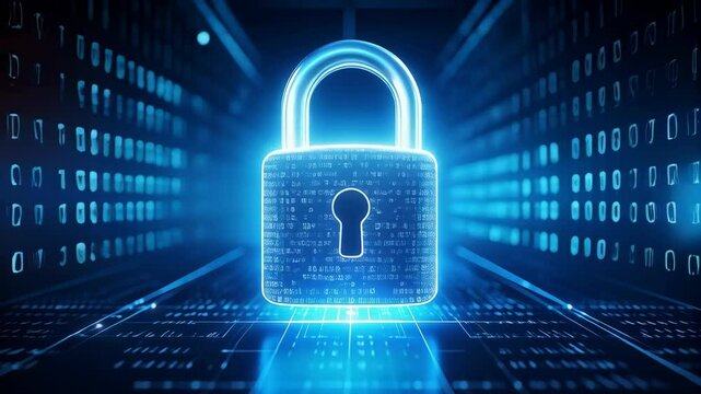 Digital padlock security on binary code background for cybersecurity concept, data encryption and network protection in glowing blue - Powered by Adobe