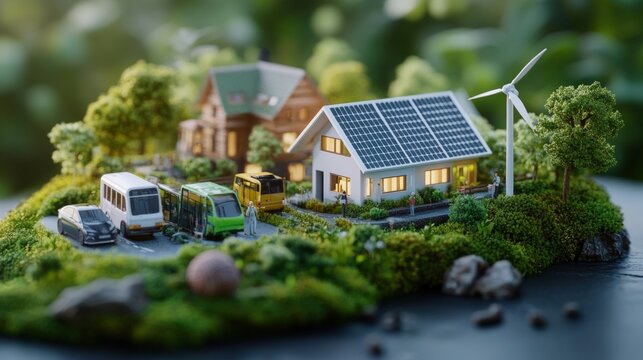 miniature eco friendly house model with solar panels wind turbine and vehicles in natural landscape scene - Powered by Adobe