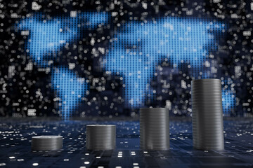 A stack of coins is shown in front of a blue background