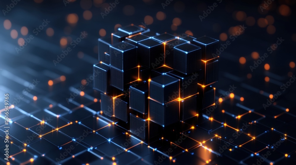 Poster abstract digital technology concept with glowing interconnected cubes representing data and innovati