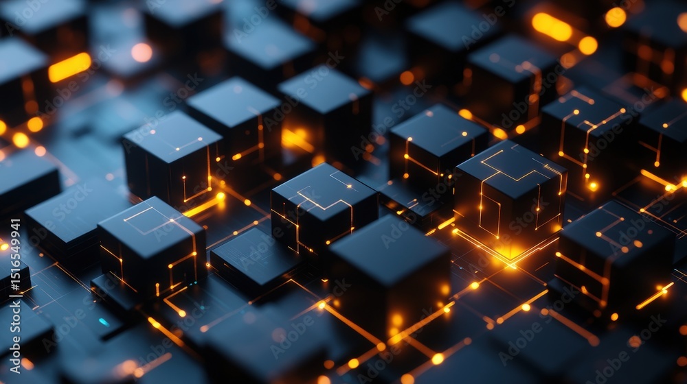 Poster high tech digital network technology with glowing connected nodes and futuristic circuit design