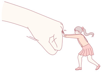 A whimsical illustration shows a girl pushing against a giant hand, reflecting her determination and spirit