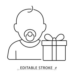Baby icon with pacifier and gift box in minimal black outline style on white background. Editable stroke vector for baby shower, newborn celebration, birthday or family event. Concept: baby gift.