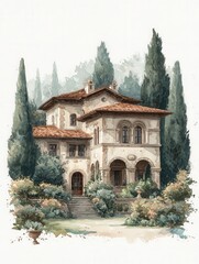 Fototapeta premium A charming villa showcases stunning architecture with a red-tiled roof and elegant windows. Tall cypress trees and flowering bushes enhance the tranquil setting in the background.