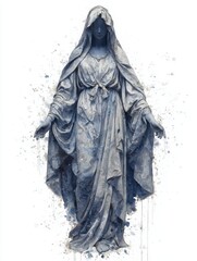A striking cloaked figure stands gracefully with outstretched arms, capturing attention with its elegant pose and detailed fabric textures. The statue features a soft blue color palette.