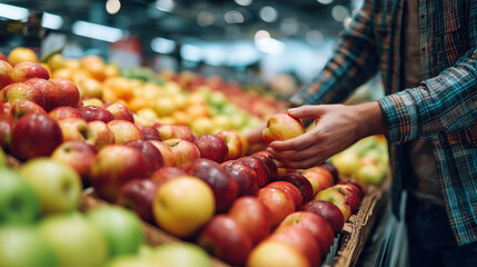 Person selecting ripe apples at a grocery store during the day in a vibrant produce section