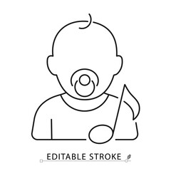 Baby icon with pacifier and music note in minimal black outline style on white background. Editable stroke vector for lullaby, baby sleep, relaxation, nursery sound or musical care.baby lullaby.