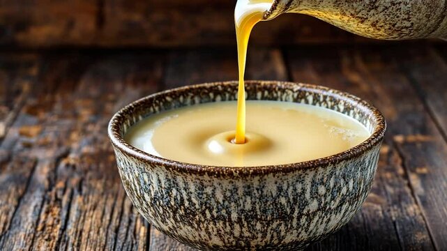 Creamy milk being poured into a bowl