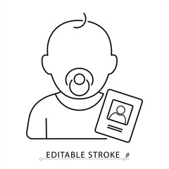 Baby icon with pacifier and ID document in minimal black outline style on white background. Editable stroke vector for identification, birth certificate, insurance or baby registration