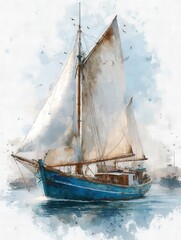 A vibrant sailboat navigates through serene waters as the sun rises. The boat features large white sails and a striking blue hull, creating a picturesque view. Seagulls fly gracefully in the sky.