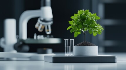 Innovation lab collaboration transformation concept. Scientific plant study with microscope in modern lab setting.