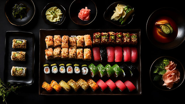 Assorted Sushi Platter with Various Types of Rolls and Toppings