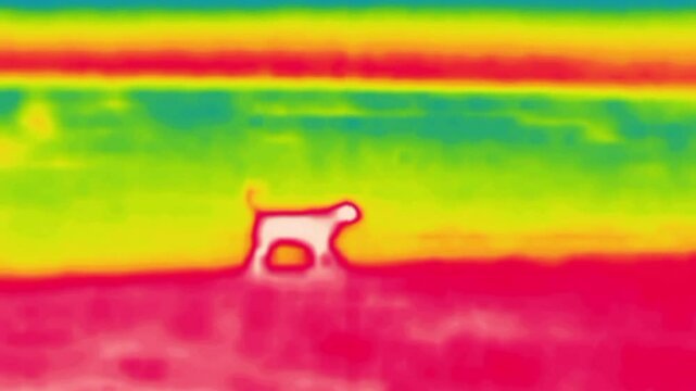 A dog running along the road. Image from thermal imager device.