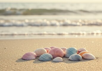 Beautiful pastel seashell group on sandy beach with sparkling ocean waves in background. Ocean vacation concept for summer travel banner, poster, holiday card or presentation with copy space.