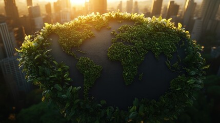 Acreative miniature world model of the Earth with detailed green continents surrounded by thriving foliage in urban city setting at sunset
